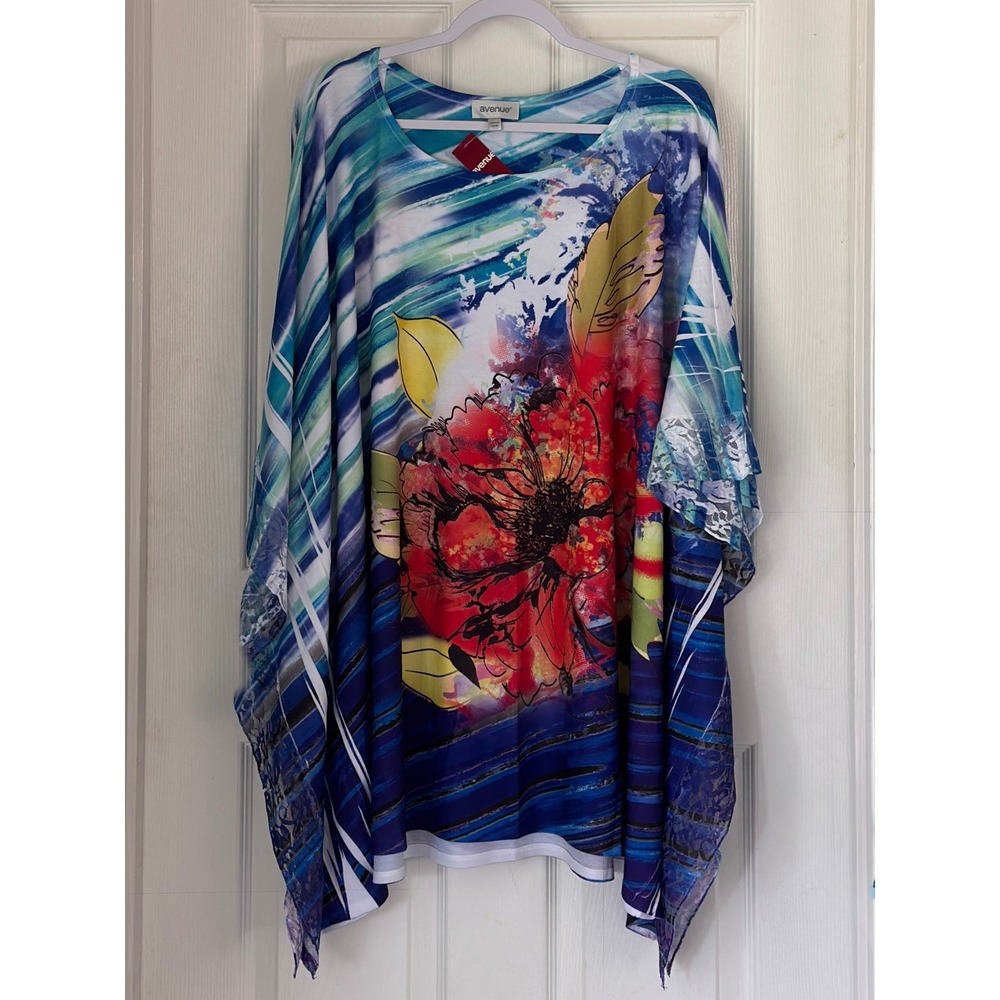 Avenue Poncho Top Womens 26/28 Floral Abstract Lace Trim K4346